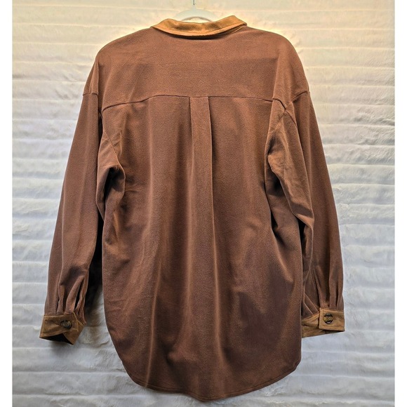 Fleece Shacket Women Medium Brown New Button Down Long Sleeve Oversized - Picture 4 of 8